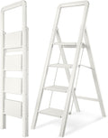 Step Ladder 4-Step White Finish Aluminum Folding Ladders | Anti-slip Sturdy Foldable Ladder Step Stool for Kitchen Home Office Libaray by BIBKOKE