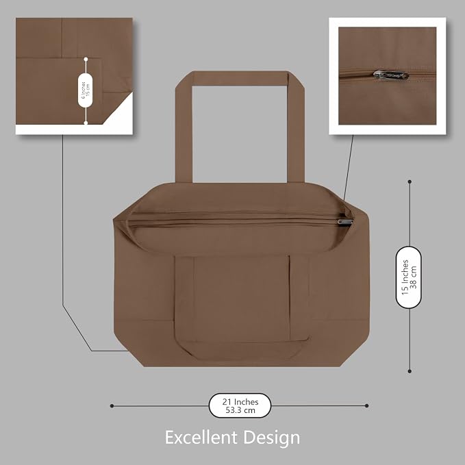 TOPDesign 6-Pack Canvas Tote Bags with an External Pocket, Reusable Grocery Shopping Bags, Top Zipper Closure, Daily Essentials (Brown) - Image 5