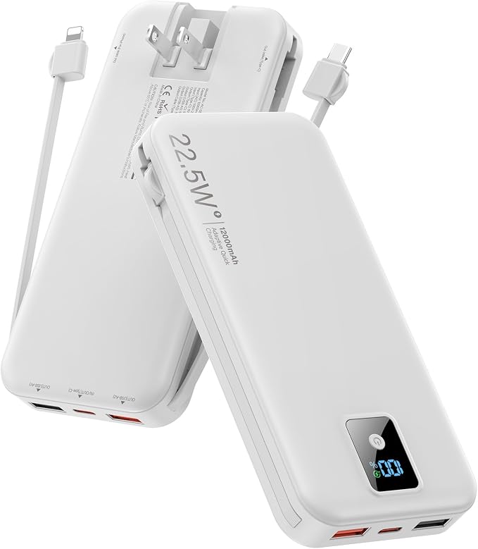 Portable Charger 12000mAh 22.5W w/Built-in Cable & Wall Plug White | 22.5W fast charging, LED display, Charging 5 devices at once, Pass through charging, TSA approved, Compatible with iPhone by Rngsnoy
