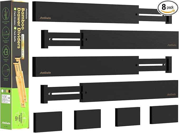 Bamboo Drawer Dividers Organizers, Expandable Drawer Separators Splitter,17-22 inches Long Adjustable Spring-loaded Organizer for Large Utensil, Clothes, Tools Drawers (Black) by ANTOWIN