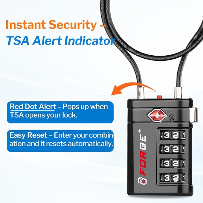 Forge TSA Approved Luggage Locks 4 Digit Combination TSA Travel Locks with TSA008, Open Alert Indicator, Zinc Alloy Body for Luggage, Suitcase, Backpack, and More. 2 15'' Cable Locks. - Image 4