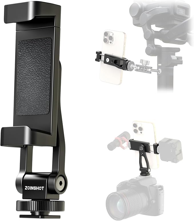 All Metal Phone Tripod Mount, 360° Rotation Tripod Phone Mount with 2 Cold Shoes, Adjustable Cell Phone Mount Adapter with 1/4" Thread, Compatible with iPhone Android Phones, Digital Camera - Image 9