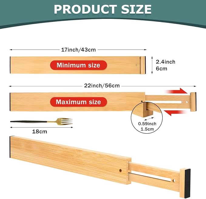 Kitchen Drawer Dividers 4 Pack Adjustable Bamboo Drawer Organizer | 17-22" Adjustable, Spring Loaded, Expandable Utensil Organizer, Works in Kitchen, Dresser, Bathroom, Bedroom, Closet - Image 3