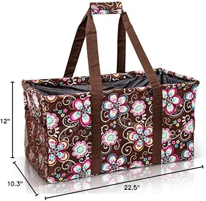 Extra Large Utility Tote Bag - Oversized Collapsible Reusable Wire Frame Rectangular Canvas Basket With Two Exterior Pockets For Beach, Pool, Laundry, Car Trunk, Storage - Brown Daisy - Image 10