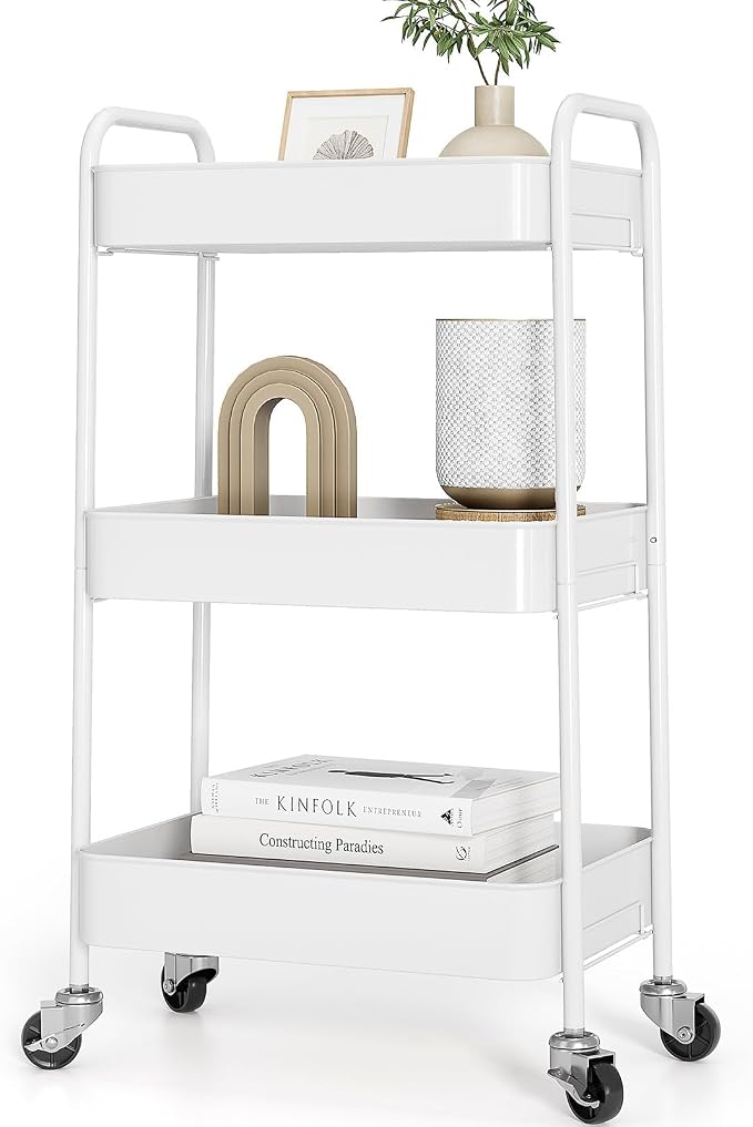 TOOLF 3 Tier Metal Rolling Cart, Utility Storage Cart with Wheels, White | Screwless Assembly, Lockable Metal Wheels, Trolley Organizer for Bathroom, Kitchen, Office, Dorm, Laundry, Craft Room - Image 9