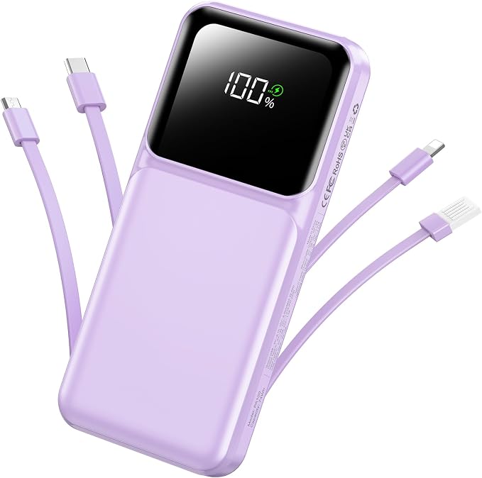 Portable Charger Power Bank with Built in Cable 20000mAh Fast Charging | 22.5W USB C Fast Charging Battery Pack for iPhone Android, Slim, LED Display,5 Outputs & 3 Inputs,Travel Essentials Purple by RONEGN