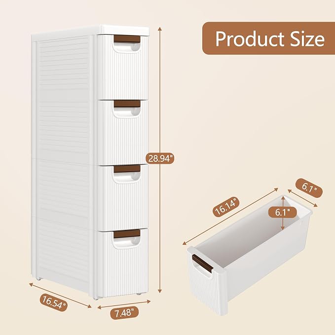 VECELO 4-Drawer Narrow Bathroom Storage Cabinet, Mobile Plastic Slim Rolling Organizer Cart with Built-in 4 Wheels for Living Room, Kitchen, Bathroom, Bedroom, Office, White(16.5" x 7.5" x 28.9") - Image 3