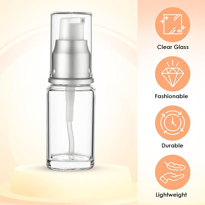 0.5 Oz 15ml Refillable Luxury Clear Glass Lotion Travel Pump Bottle with Silver Cap for Cosmetics, Lotion, Body Cream, Sanitizers, Cream, Foundation (Pack of 3) | Silver Cap, Luxury, Serum, Foundation, Body Cream, Sanitizer, Cosmetics, Travel - Image 4