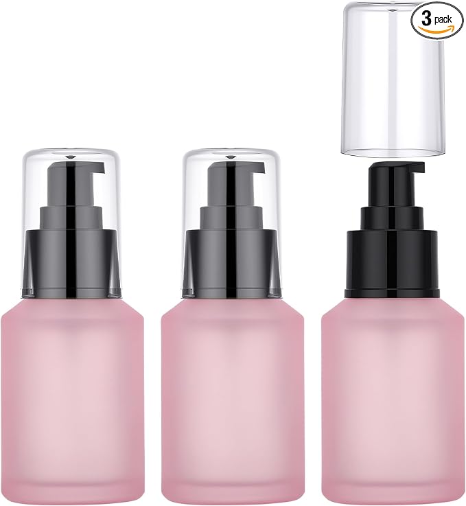 Segbeauty 2oz Frosted Glass Refillable Pump Bottles for Toiletries, 3pcs Travel Size Empty Bottles with Pumps for Foundation, 60ml Pink Travel Containers for Oils Bottle Dispenser Liquid Containers by Segbeauty