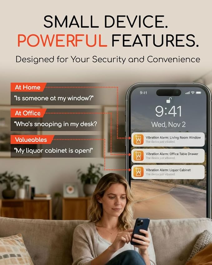 WiggleWorm Alert™ Mini Motion Vibration Sensor Alarm (2-Pack) – Stick Anywhere Smart Home Detector for Jewelry Box, Kids Door, Safe & Mailbox | Phone App Instant Alerts, Audible & Silent Modes - Image 5