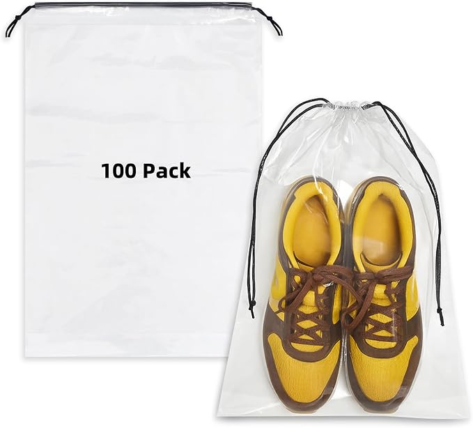 LazyMe Clear Large Shoe Bags for Travel, 12 x 18 Inch, 100 Pack | Waterproof Drawstring Shoe Bags, Large Shoe Storage Bags, Packing Bags for Travel Essentials, Men and Women by LazyMe