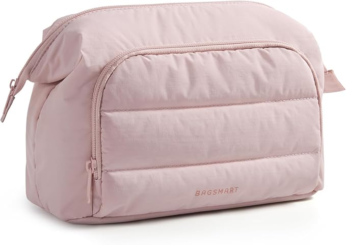BAGSMART Travel Makeup Bag, Cosmetic Bag Small Make Up Organizer Case,Wide-open Pouch for Women Purse for Toiletries Accessories Brushes,Large Beige by BAGSMART