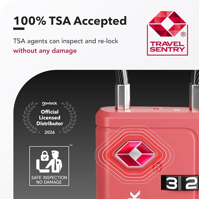 TSA Approved Luggage Locks, Travel Locks with Inspection Indicator | TSA008, Easy to Read Dials, 4 Digit Combination, Flexible Steel Cable, for Suitcases, Backpacks, Bags, 2-Pack, Pink - Image 3