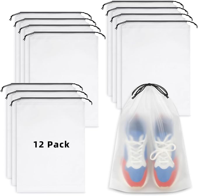 LazyMe Clear Shoe Bags for Travel, 11.8 x 15.7 Inch, 12 Pcs | Waterproof Drawstring Shoe Bags, Shoe Storage and Packing Bags, Travel Essentials for Women and Men by LazyMe