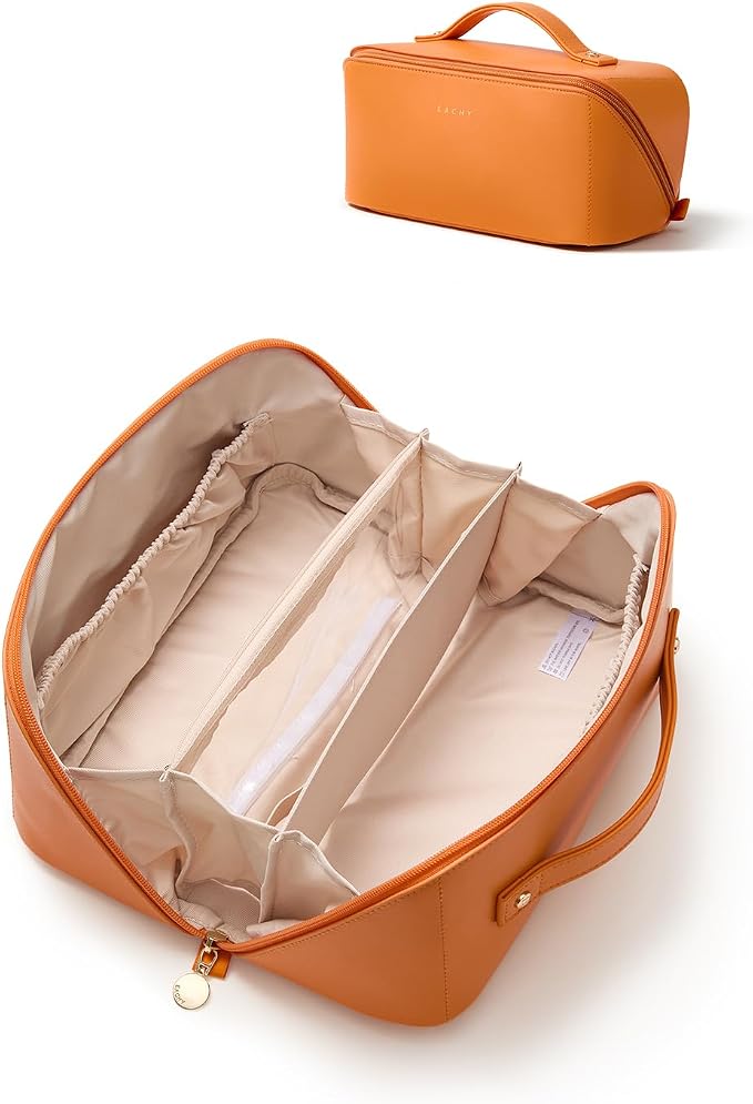EACHY Travel Makeup Bag for Women, Flat Open Cosmetic Bag, Orange, Large | Flat-open cosmetic organizer with pockets and clear TPU brush compartment for makeup, toiletries and travel essentials by EACHY