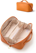 EACHY Travel Makeup Bag for Women, Flat Open Cosmetic Bag, Orange, Large | Flat-open cosmetic organizer with pockets and clear TPU brush compartment for makeup, toiletries and travel essentials by EACHY