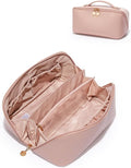 EACHY Travel Makeup Bag for Women, PU Leather Cosmetic Bag, Pink, Large | Water-resistant PU leather exterior with flat-open access, clear TPU brush compartment and organized storage for cosmetics by EACHY