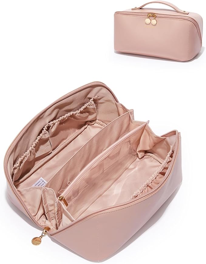 EACHY Travel Makeup Bag for Women, PU Leather Cosmetic Bag, Pink, Large | Water-resistant PU leather exterior with flat-open access, clear TPU brush compartment and organized storage for cosmetics by EACHY