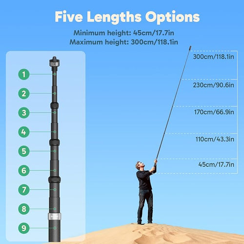 AKASO 118"/3m Invisible Selfie Stick for 360 Action Camera | Carbon Fiber Extension Pole for Insta360, DJI Osmo 360, GoPro Hero, AKASO 360/EK7000/EK7000 Pro, Brave 4/7 LE Action Camera - Image 2