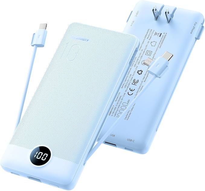 Portable Charger Built-in Cables and Wall Plug, 10000mAh Slim USB C Power Bank, LED Display External Battery Pack Compatible with iPhone/Android & More (Blue) by KeepYourLifeCharged%EF%BC%81