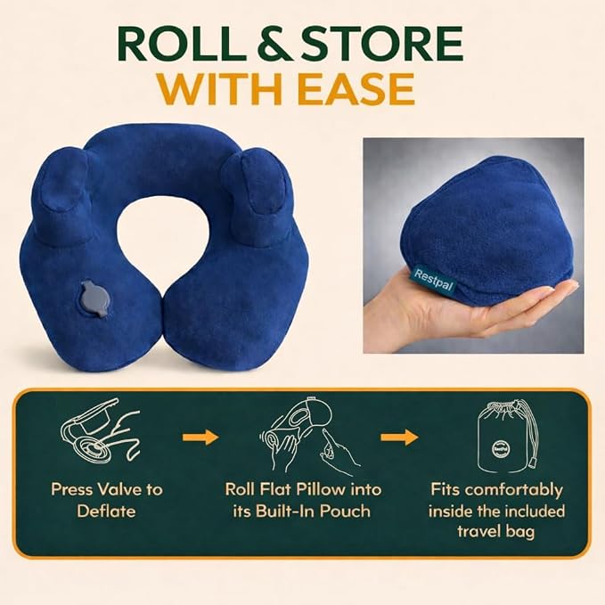 Inflatable Travel Neck Pillow with Adjustable Memory Foam Sides | Lightweight, Soft & Portable Support (Navy Blue, Standard) - Image 4