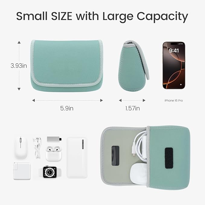 LENTION Mint Green Neoprene Electronic Organizer Pouch with Hook-and-Loop | Compact Tech Storage Fits Laptop Adapter, Mice, Charger, Power Bank & Cable to Keep Daily Travel Accessories Neatly Sorted - Image 2