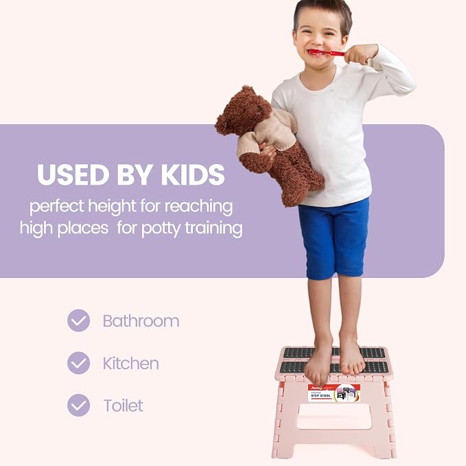 9 Inch Folding Step Stool 300 LB Capacity Non Slip Foot Stool with Handle Plastic Foldable Step Stools for Kids Stepping Stool for Bathroom Black Small Step Stool (1 PC Pink) | Heavy Duty Foldable Stools, Lightweight, Holds 300 lb, for Toddler Kitchen ... - Image 6