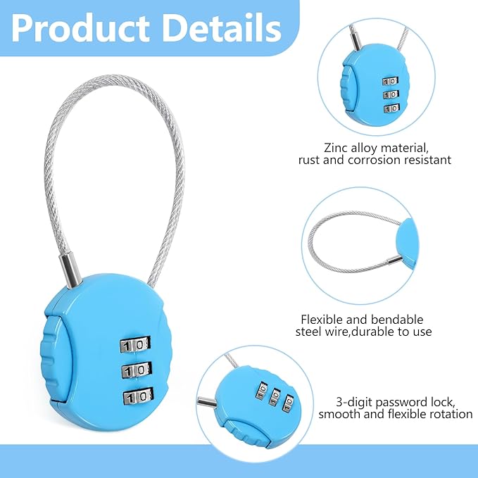 32 Pack 3 Digit Combination Cable Padlock,Black,Silver,Blue | Resettable for Gym Locker Luggage Backpack, Waterproof Outdoor Security, Small Combo Lock for Travel School Storage - Image 3