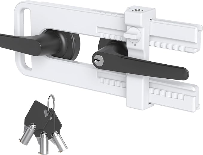 AST Childproof Double Door Security Lock, Adjustable Keyed French Door Lock | Lockout device for knobs and handles of double doors, prevent kick ins, Kids proof barricade, bigger adjustment, matte white by ASTLockHardware