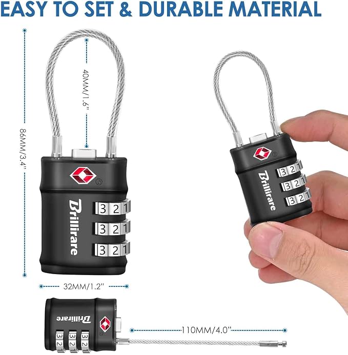 4 Pack TSA Approved Luggage Locks, Combination Travel Cable Lock, 3-Digit Waterproof Padlock, Zinc Alloy Outdoor Keyless Resettable Lock for Travel, Lockers, Bags, Backpack, Gym, Gate-by BRILLIRARE - Image 2
