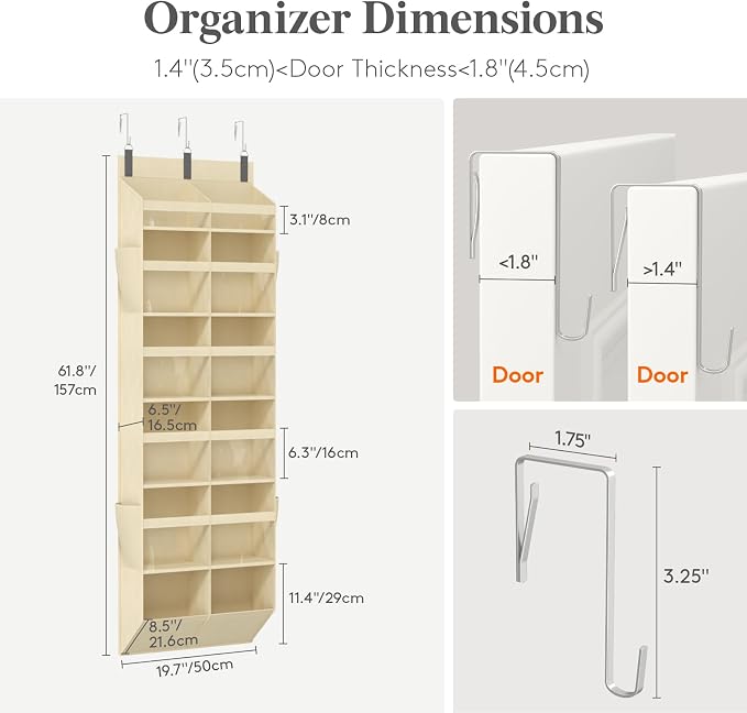 Lifewit 1 Pack Over the Door Organizer, 12 Section Clear Window Hanging Storage with 4 Side Pockets, Sturdy Anti Tilt 40 lbs Load Behind Door for Closet, Bedroom, Bathroom, Nursery, Dorm, Beige - Image 2