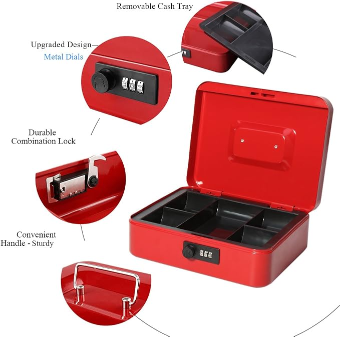 Jssmst Large Cash Box with Combination Lock – Durable Metal Cash Box with Money Tray Red(9.8 x 7.9 x 3.5), SM-CB07003L - Image 3