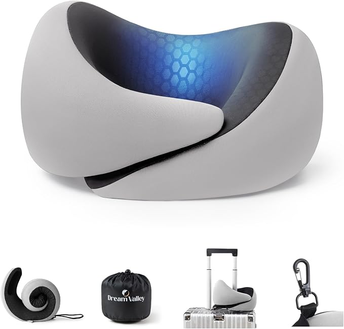 Dream Valley Neck Travel Pillow, Memory Foam,Cooling,Light Gray | For Airplane, Portable Roll-Up, Cooling Inner Fabric, 360° Ergonomic Support, No Head Bobbing by DreamValley