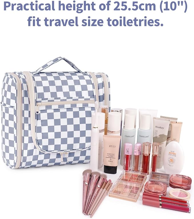 Narwey Checkered Hanging Travel Toiletry Bag for Women, Travel Bag for Toiletries, Makeup Bag Organizer Cosmetic Bags Make Up Bags for Women (Grayish Blue Checkerboard) - Image 3