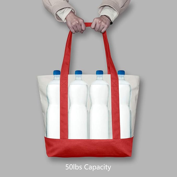 TOPDesign 3-Pack Canvas Tote Bags with an External Pocket, Reusable Grocery Shopping Bags, Top Zipper Closure, Daily Essentials (Red/Natural) - Image 6