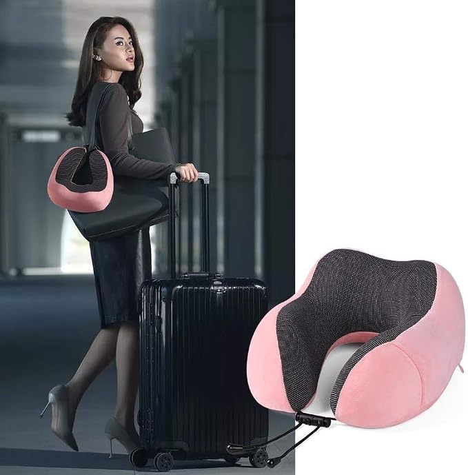 Airplane Travel Neck Pillow, 100% Memory Foam Ergonomic Neck Support, Airplanes Neck Pillow with Washable Cover Travel Essential for Flight Car & Office Includes Eye Masks, Earplugs & Carry Bag (Pink) - Image 8