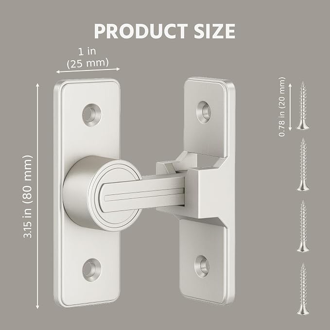 Barn Door Lock Latch - 90-Degree Lock, Heavy Duty Zinc Alloy Security Door Lock for Bathroom, Garage, Bedroom, Cabinet - Nickel - Image 2