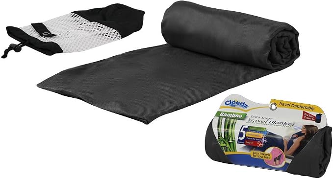Extra Large Airplane Travel Blanket for Your Flight, Car, Camping, Home or Comforting Warmth Anywhere! Includes Warm Cozy Pockets for Your Feet and a Travel Bag - Black by Cl%C3%B6udz