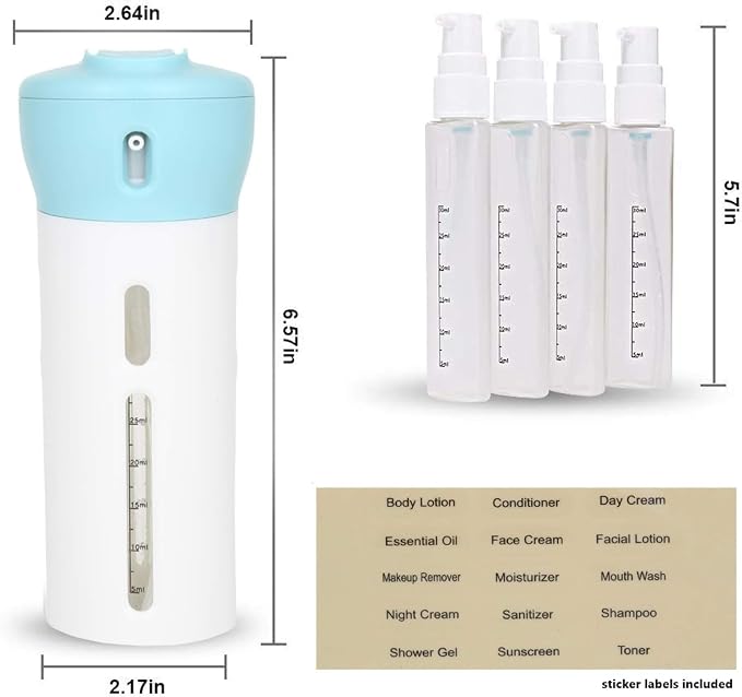 Travigo 4-in-1 Travel Dispenser Bottle, TSA Approved, Leak Proof, Four Reusable 1.4 oz. (40 mL) Toiletry Containers for Shampoo, Conditioner, Soap, Lotion, Skincare (Blue) - Image 8