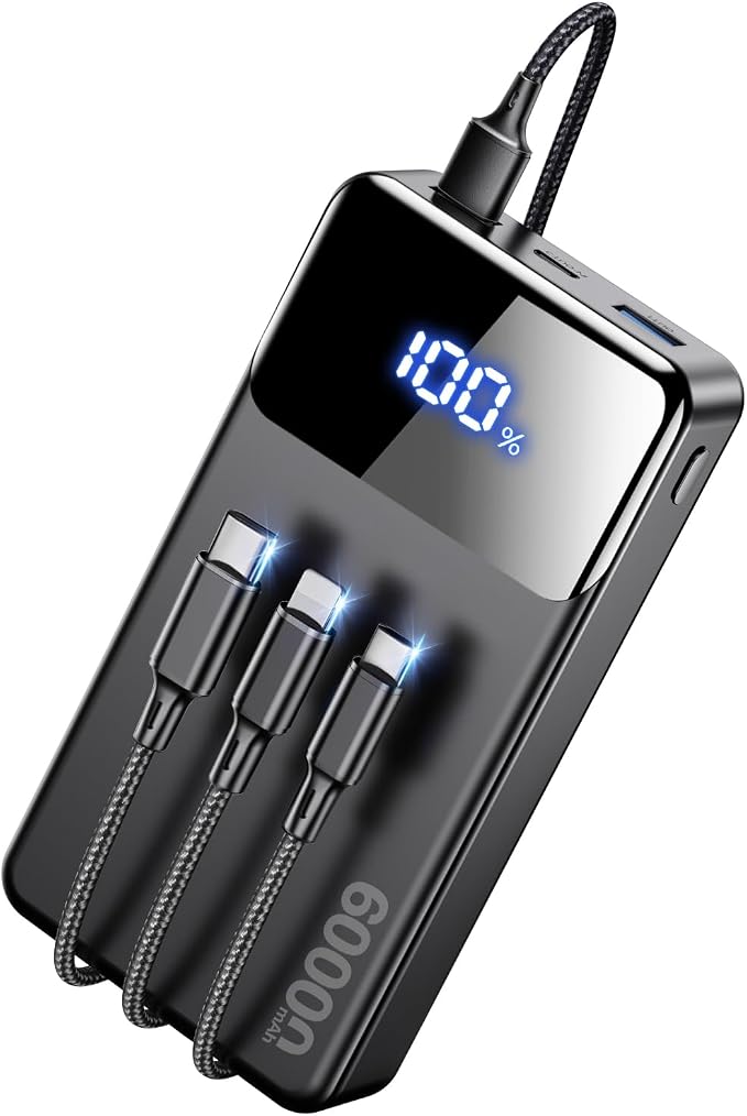 LILIO 60000mAh Portable Charger, 22.5W Fast Charging with 3 in 1 Cable | Charges 5 Devices, LED Display, Fits Camping, Road Trips, Hiking, Emergencies, for iPhone 17-12/Samsung/Android/iPad by Unknown