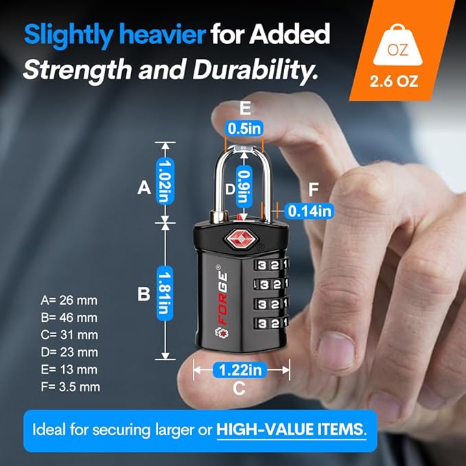 Forge TSA Approved Luggage Locks for Air Travel, Gym Lockers, School Lockers, Pelican Cases, Easy Read Dials, Durable Alloy Body, Black 6 Pack. - Image 3