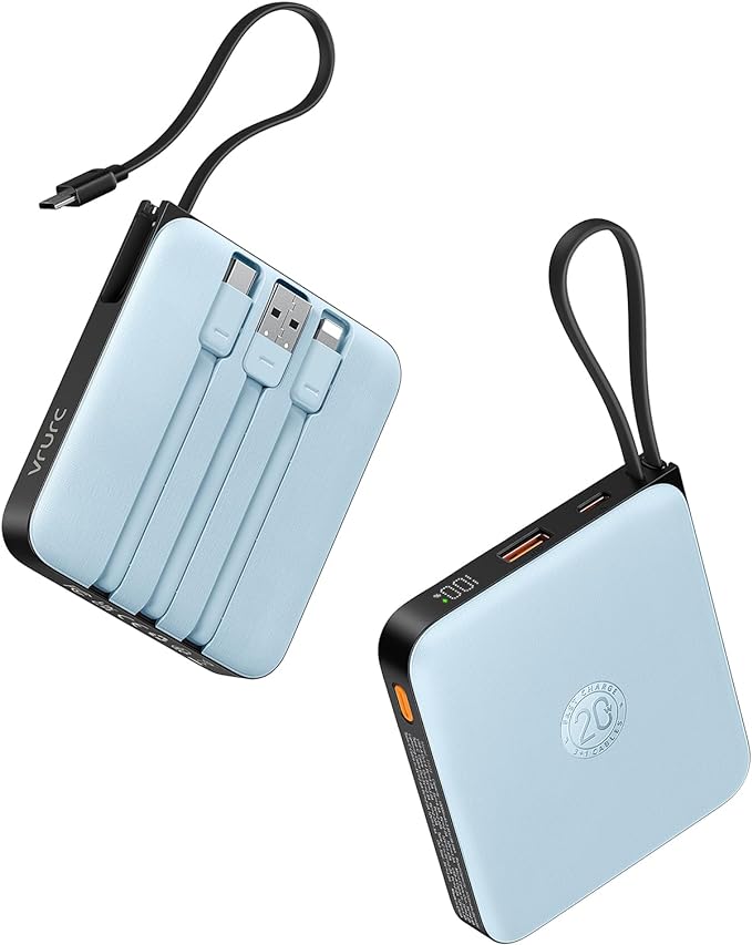 VRURC Portable Charger for iPhone with Built-in Cable, 10000mAh 22.5W Fast Charging USB C Battery Pack, Cell Phone Power Bank for iPhone 17 16 15 & Samsung Galaxy Series (Blue) by Home