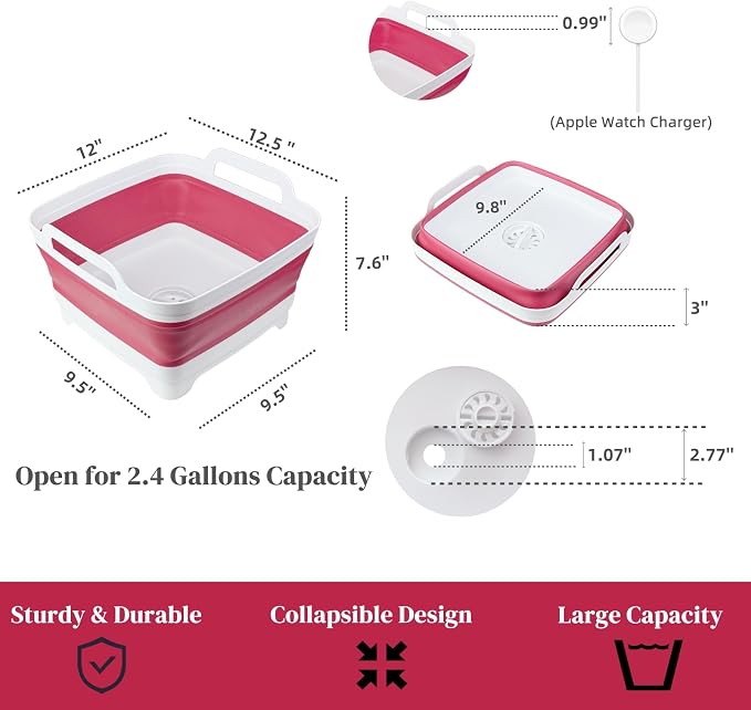 Collapsible Wash Basin for Baby Bottles - 2.4 Gallons Portable Dish Basin for RV Camping Sink, Space-Saving Dish Tub For Bottle Washing (Viva Magenta) - Image 2