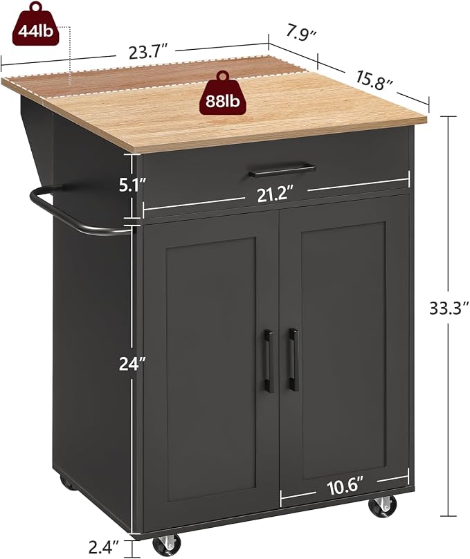MAHANCRIS Kitchen Island on Wheels with Drop Leaf, Folding Countertop Kitchen Island Cart, Kitchen Islands Table with Towel Rack, Drawer, for Kitchen, Dining Room, Black and Natural KINB12501 - Image 3