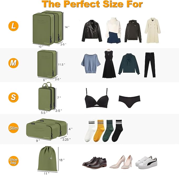 Compression Packing Cubes, Lumesner 8 Set Travel Packing Cubes for Carry on Suitcases, Compression Suitcase Organizers Bag Set & Travel Cubes (Army green, 8-piece) - Image 2