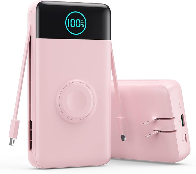 Portable Charger for iPhone, 40800mAh Power Bank with Built-in Cables & AC Wall Plug, 5 Outputs USB C Fast Charging External Battery Pack for iPhone 17/16/15/14, Android, Travel Essential (Pink) by AONIMI