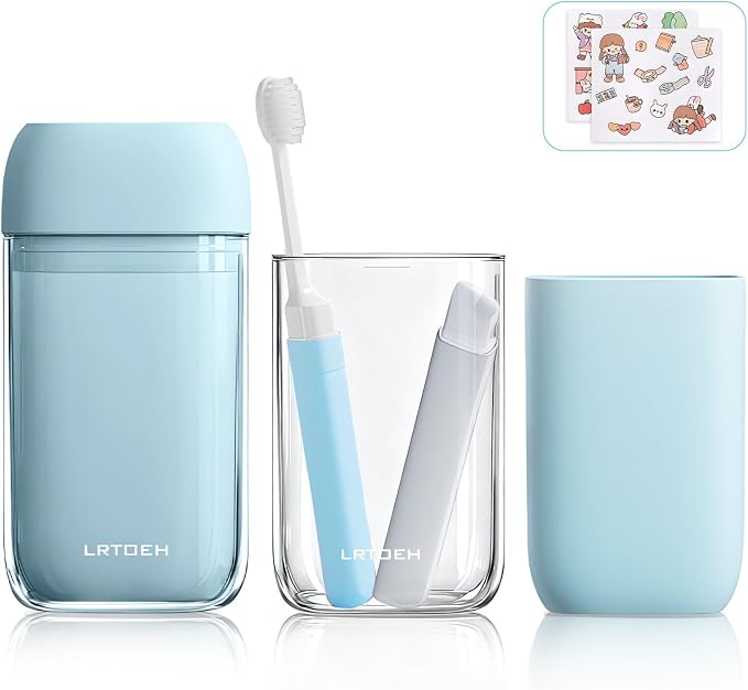 Travel Toothbrush Case, Mini Wash Cup with Foldable Toothbrush | Mini rinse cup, for camping business hiking travel, toothbrush included, lightweight plastic, Cups with cover, blue by LRTOEH