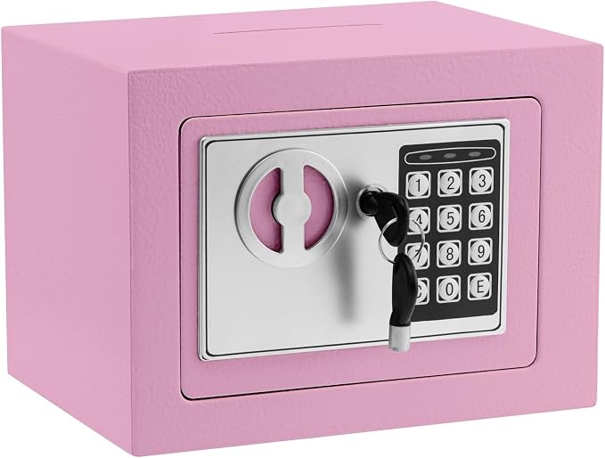 Pink Mini Security Lock Box with Digital Keypad & Keys for Jewelry, Gun, Cash & Coins - Safe Box for Home, Office, Hotel Rooms by ELLAIG