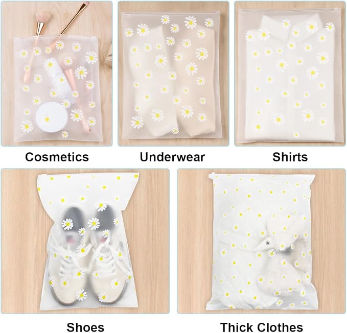 30PCS Travel Storage Bags for Clothes, Clear Plastic Ziplock Bags, 5 Size | Daisy Pattern, Reusable Zipper Pouches, Waterproof Resealable Clothing Zipper Bags, Luggage Organizer, Shoes Cosmetics Use - Image 5