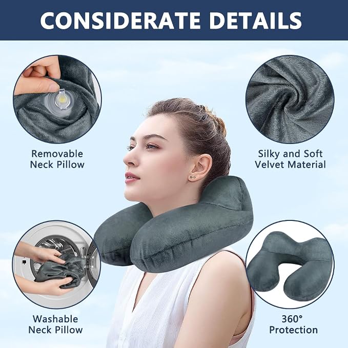 flintronic Inflatable Travel Pillow, Inflatable Travel Pillow for Airplane, Soft Velvet Neck Support, Lightweight Ergonomic Sleeping Neck Pillow for Airplane, Car, Train, Office, Camping (Grey) - Image 3